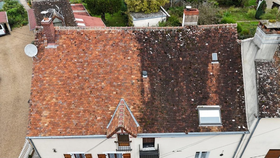 Toiture en cours de démoussage : moitié traitée, moitié encore moussue